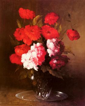 Germain Theodure Clement Ribot : Pink Peonies And Poppies In A Glass Vase